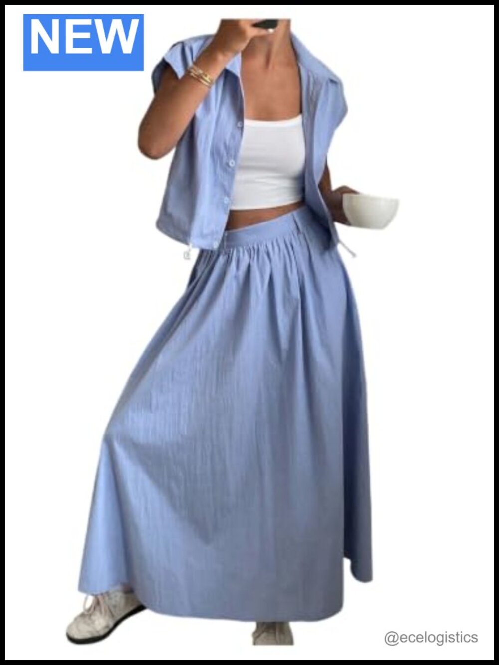 Women's Maxi Skirt Set Short Sleeve Button Down Shirt High Waisted Flowy Ruffle